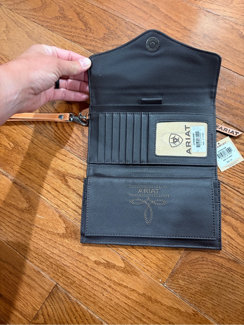 Ariat Black Leather Wristlet Wallet with Tan Strap - Picture 2 of 3